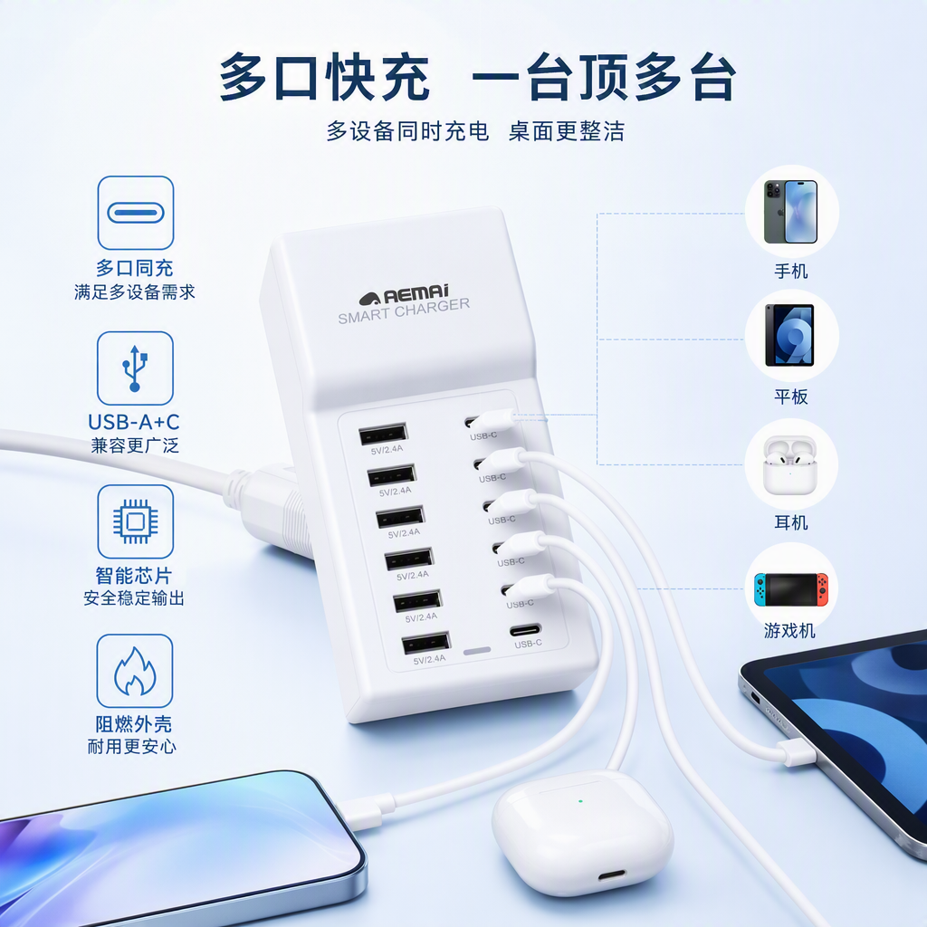 Multi-functional fast-charging white plug portable mobile phone and tablet universal charger adapter for home and travel