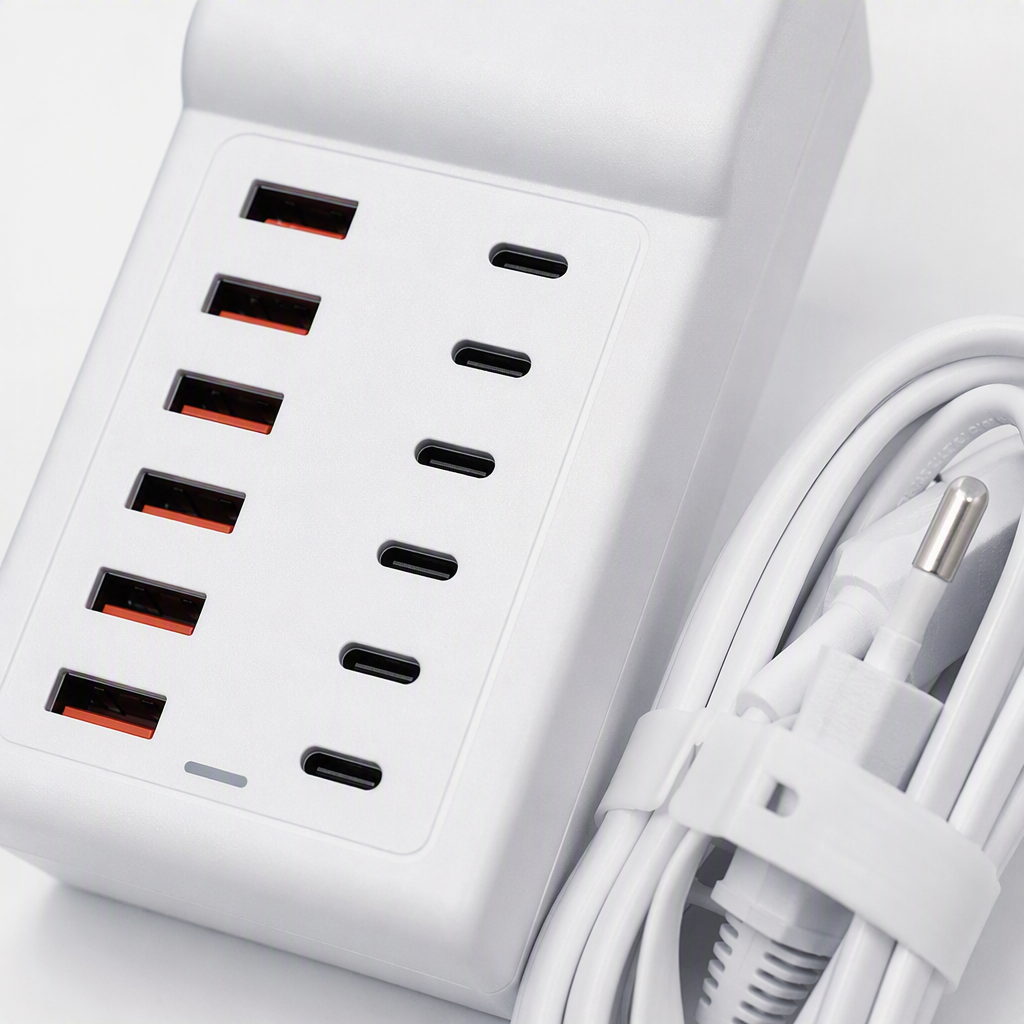 Multi-functional fast-charging white plug portable mobile phone and tablet universal charger adapter for home and travel Application Scenario