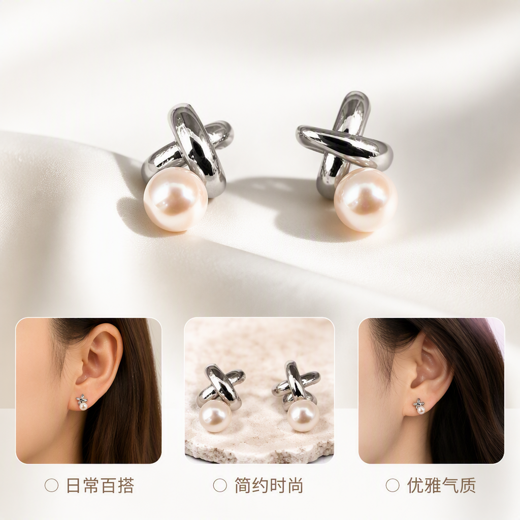 Fashionable silver stud earrings paired with pearl, simple and elegant ladies' earrings, versatile earrings, trendy styles