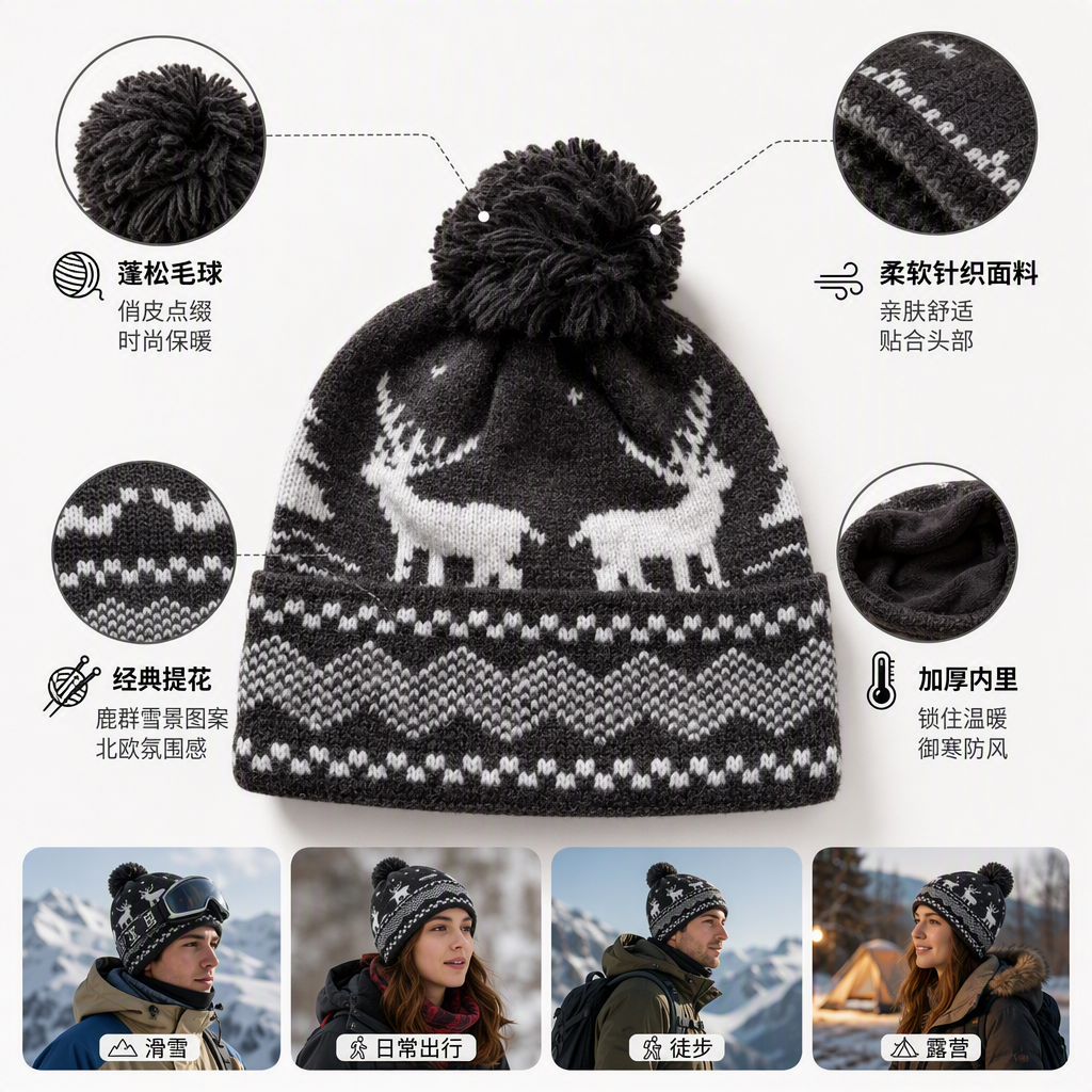 Fashionable and warm knitted hat, black fur ball, white reindeer pattern, dark grey, a must-have winter hat for both men and women