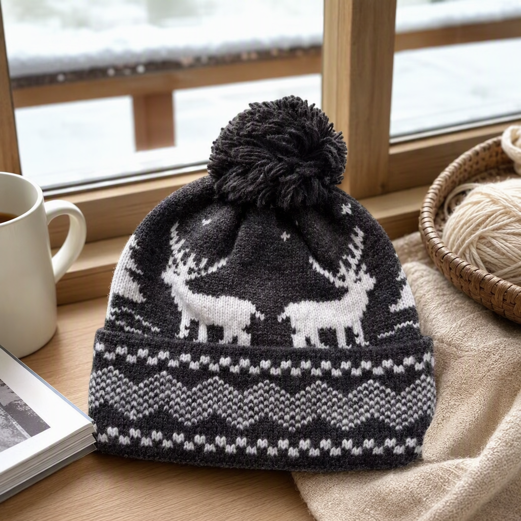 Fashionable and warm knitted hat, black fur ball, white reindeer pattern, dark grey, a must-have winter hat for both men and women details Picture