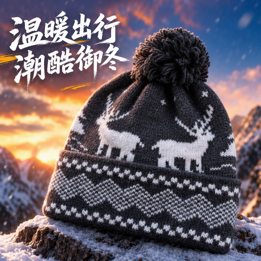 Fashionable and warm knitted hat, black fur ball, white reindeer pattern, dark grey, a must-have winter hat for both men and women Specification image