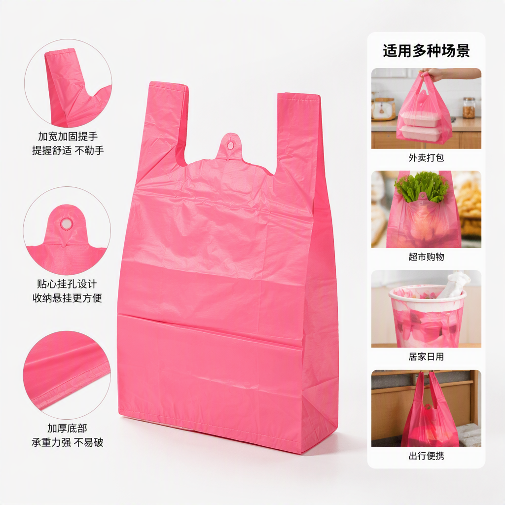 环保耐用粉色塑料收纳袋家庭便携手提袋多用途整理袋