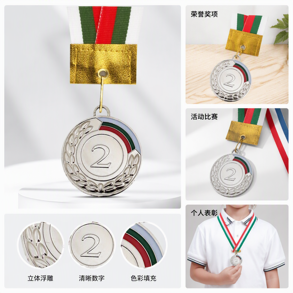 银色奖牌直径五厘米带绿白红绶带金色挂扣边缘月桂叶纹数字二装饰运动比赛奖品