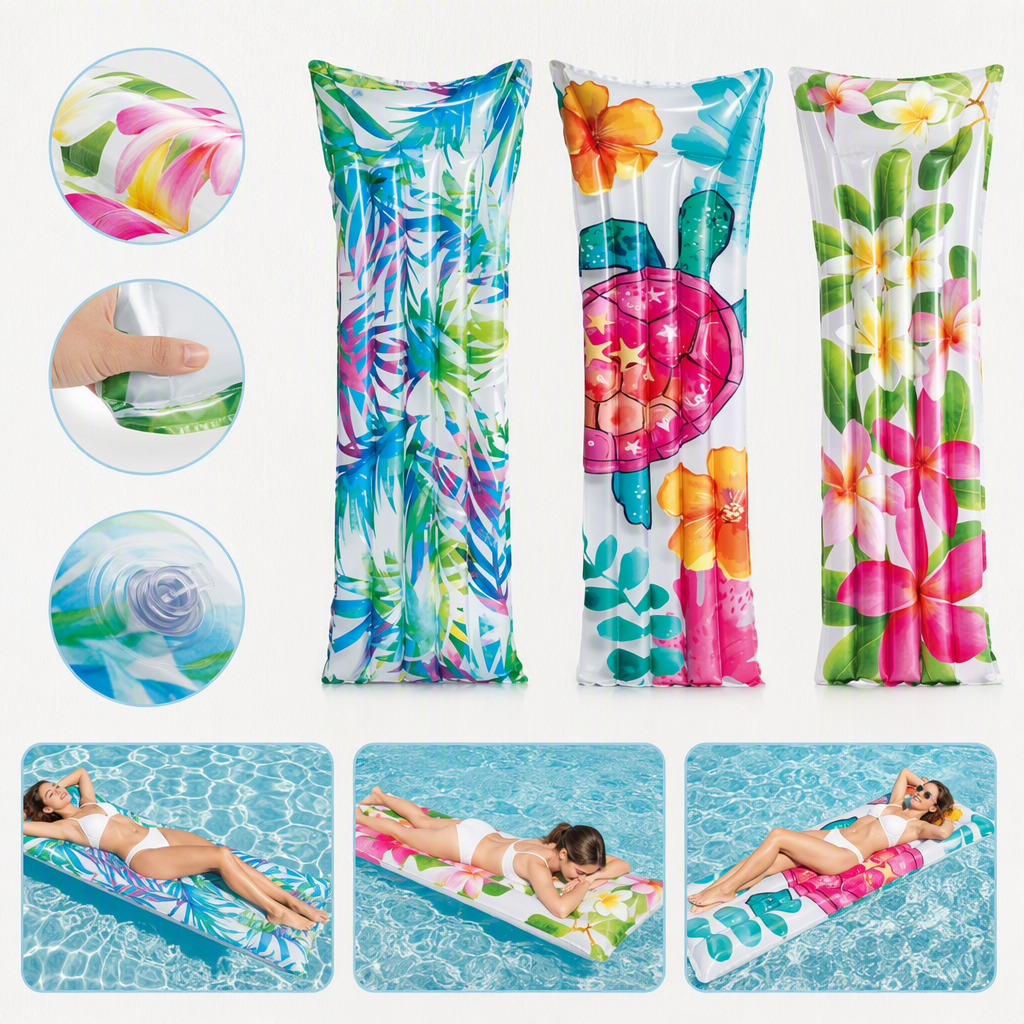 Colorful tropical flowers and turtle patterned inflatable floating beds are essential summer floating products for leisure beaches and water