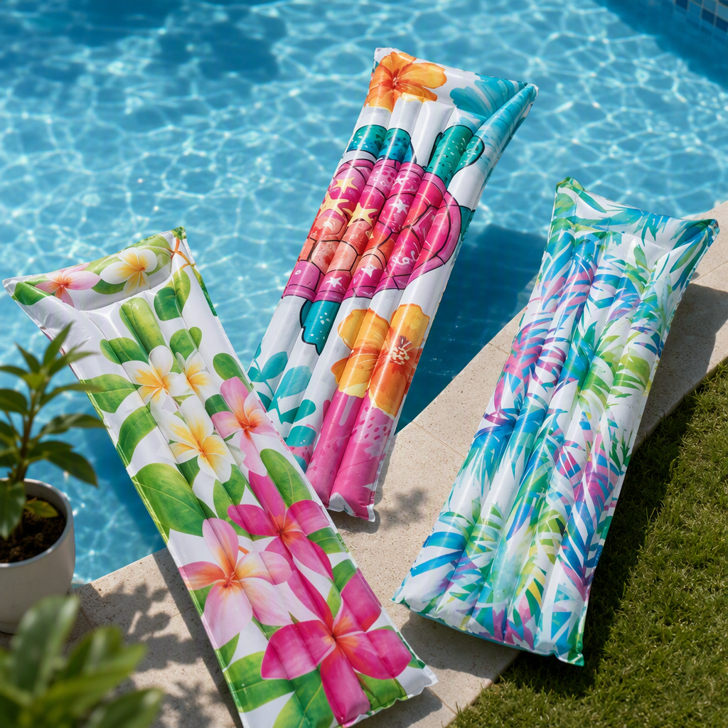 Colorful tropical flowers and turtle patterned inflatable floating beds are essential summer floating products for leisure beaches and water details Picture