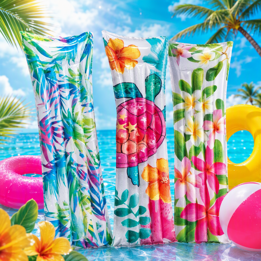 Colorful tropical flowers and turtle patterned inflatable floating beds are essential summer floating products for leisure beaches and water Specification image