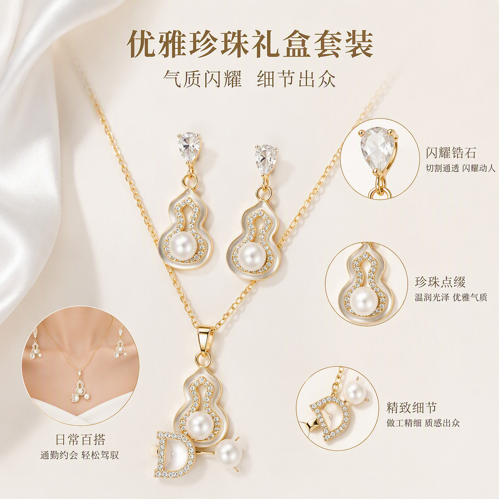 DANTAO peach jewelry, golden gourd-shaped necklace, earrings and hairpin set, elegant accessories set with pearl and crystal