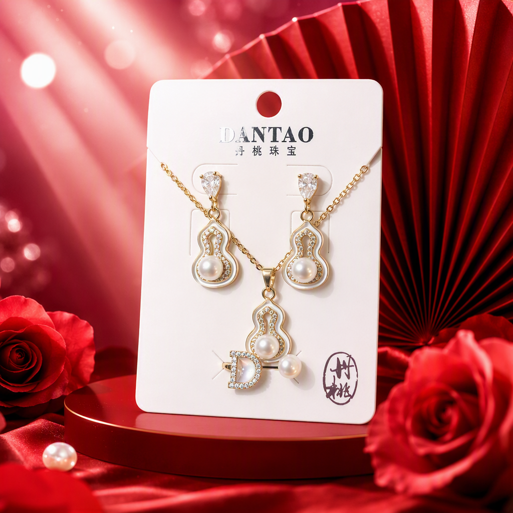 DANTAO peach jewelry, golden gourd-shaped necklace, earrings and hairpin set, elegant accessories set with pearl and crystal Specification image