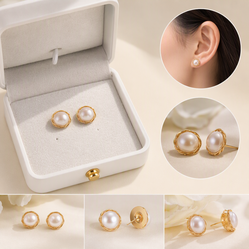 Caja de joyería blanca con perlas de oro en los pendientes simple y elegante temperamento orejeras estilo de mujer moda 100 accesorios