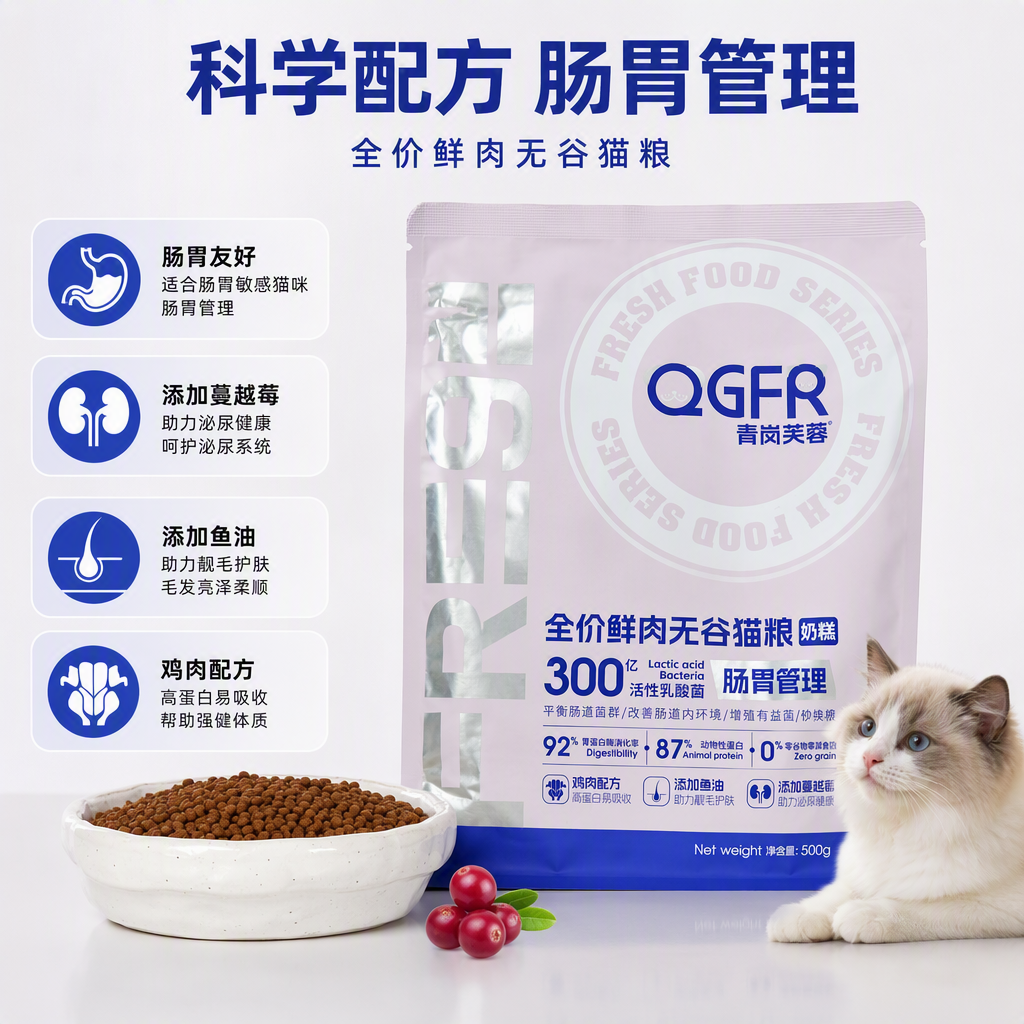 High-quality cat food, light purple packaging bags, pet snacks, balanced nutrition and healthy feeding, bagged pet supplies
