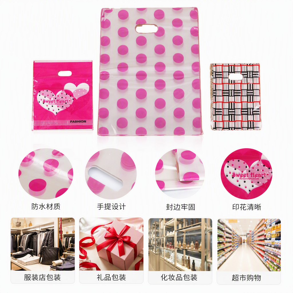 粉色波点爱心格子图案塑料袋多款可选家用购物袋环保耐用装饰时尚
