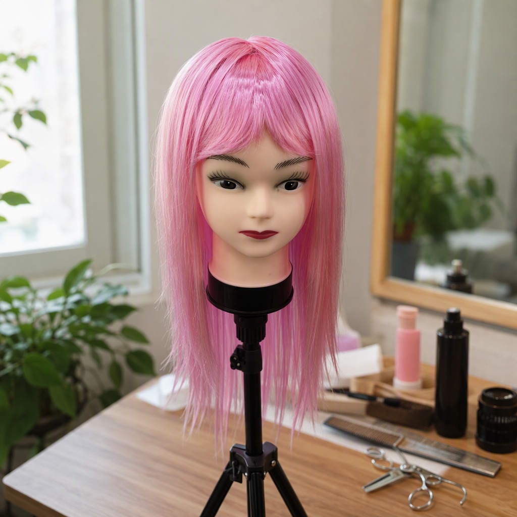 Pink wig headmodels display model hairstyles, hairstyle display shooting props, hairstyle try-on model headmodels display props details Picture