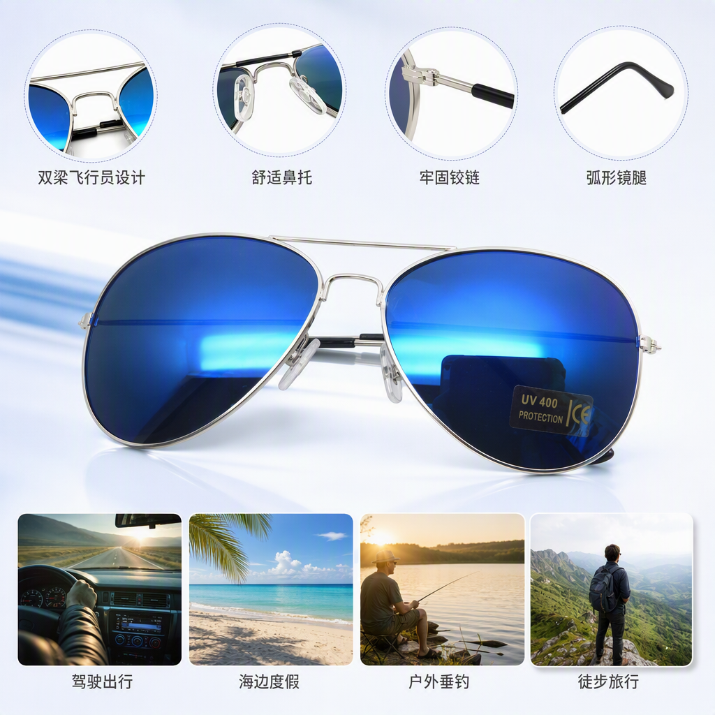 Fashionable blue reflective lens pilot sunglasses, polarized sunglasses for men, trendy driving UV protection sunglasses