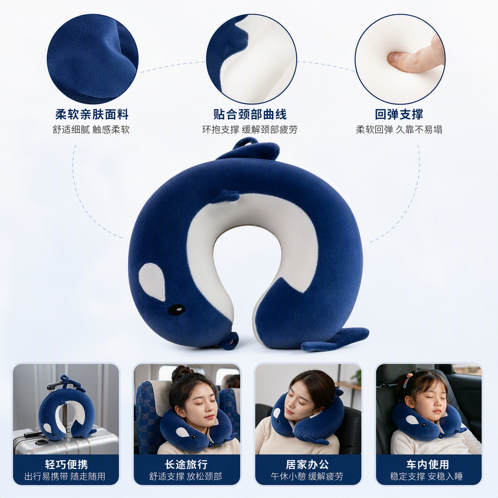 蓝色鲸鱼造型记忆棉U型枕旅行充气简约颈枕舒适睡眠枕芯
