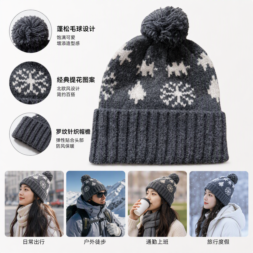Fashionable winter knitted hat with white snowflake pattern fur top decoration, warm and versatile for both men and women