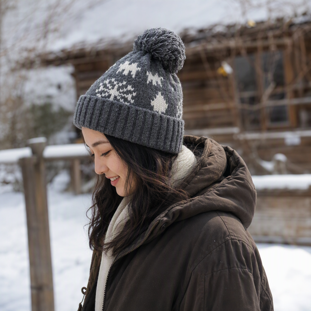 Fashionable winter knitted hat with white snowflake pattern fur top decoration, warm and versatile for both men and women details Picture