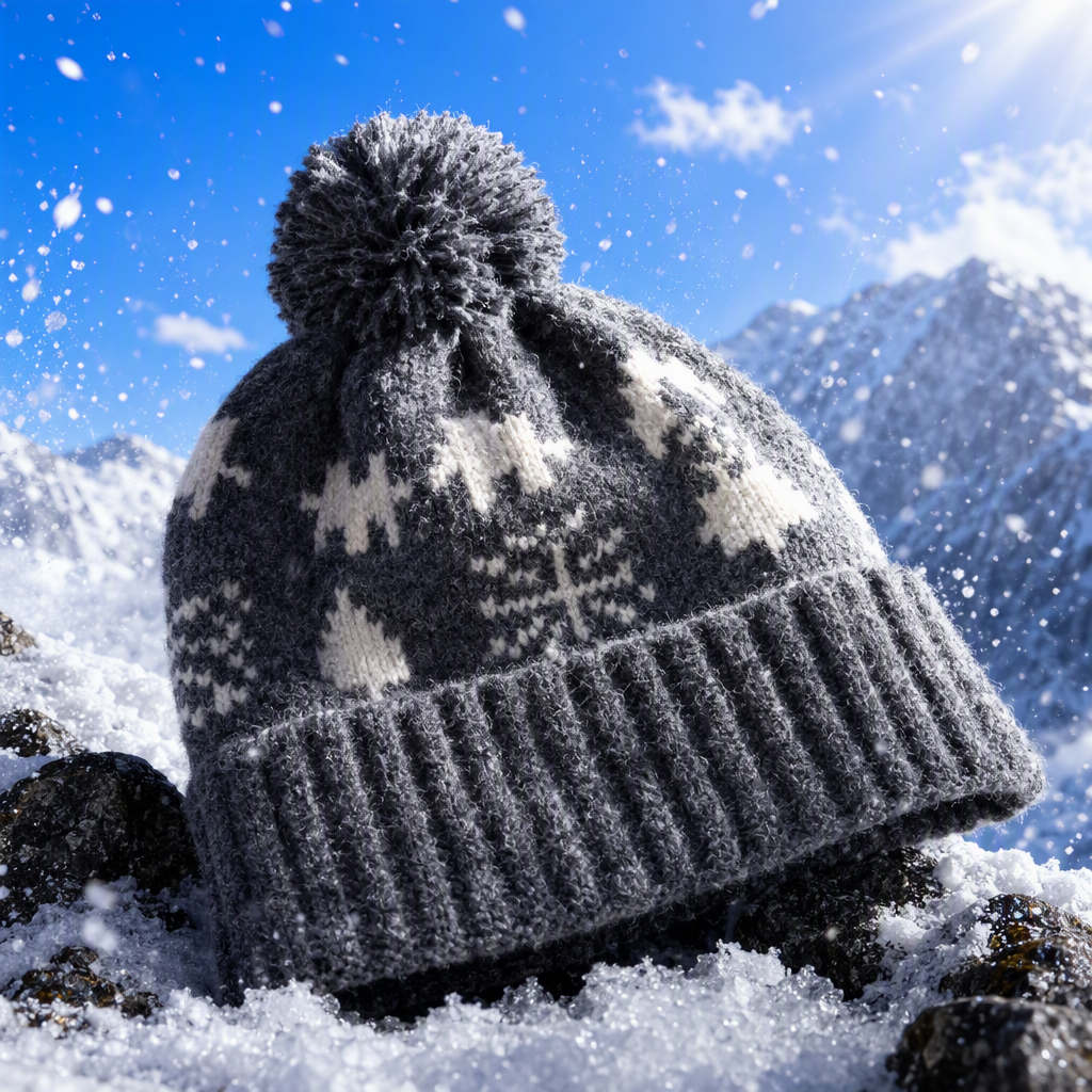 Fashionable winter knitted hat with white snowflake pattern fur top decoration, warm and versatile for both men and women Specification image