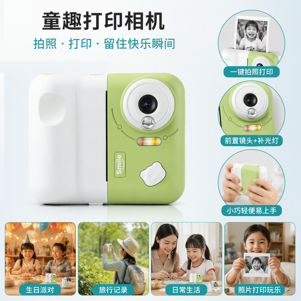 Children's color digital camera, green and white portable photography toy camera, children's gift, suitable for school-aged children to use