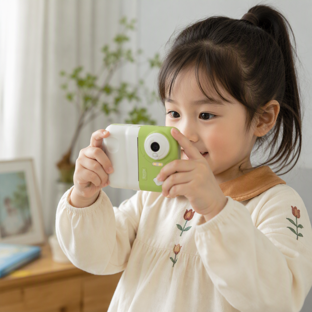 Children's color digital camera, green and white portable photography toy camera, children's gift, suitable for school-aged children to use details Picture