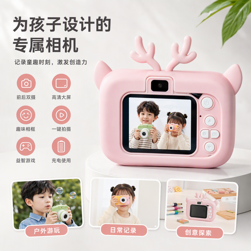 Cute pink children's camera, portable, shockproof, high-definition photography toy gift, suitable for preschool children to use