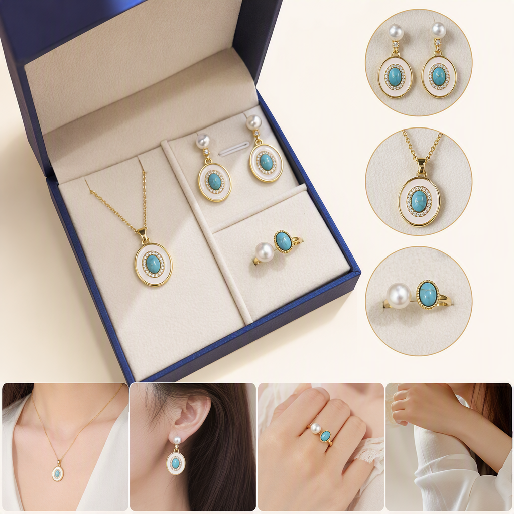 The blue gift box is equipped with a white velvet tray, golden gem-encrusted pearl jewelry set, necklace, earrings and ring, featuring an elegant and exquisite packaging design