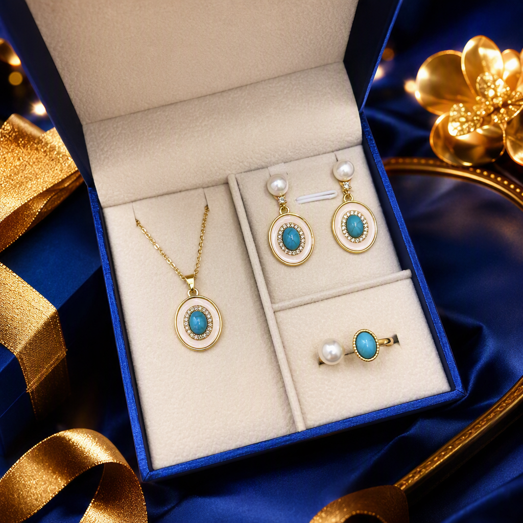 The blue gift box is equipped with a white velvet tray, golden gem-encrusted pearl jewelry set, necklace, earrings and ring, featuring an elegant and exquisite packaging design Specification image