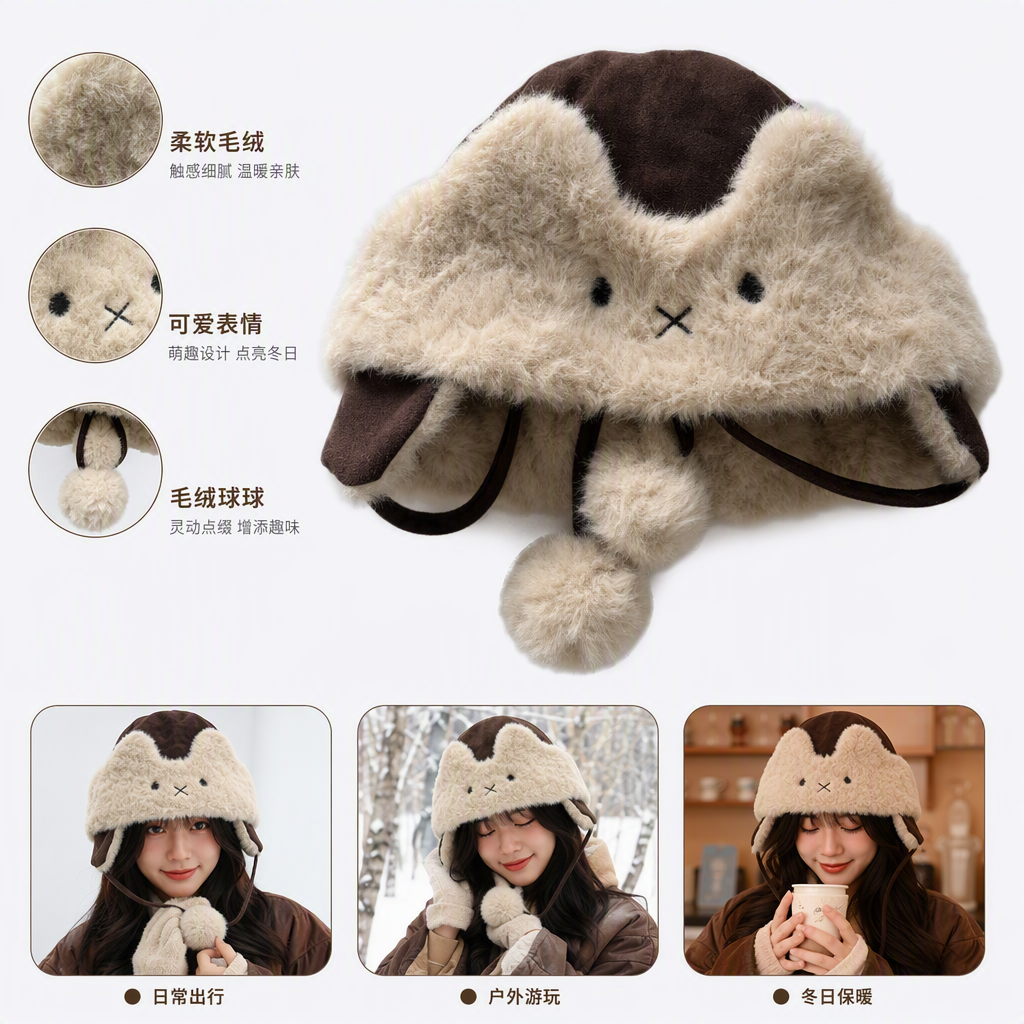 Warm and comfortable beige plush cat ear hat, fashionable and cute winter warm hat for women, new autumn and winter style