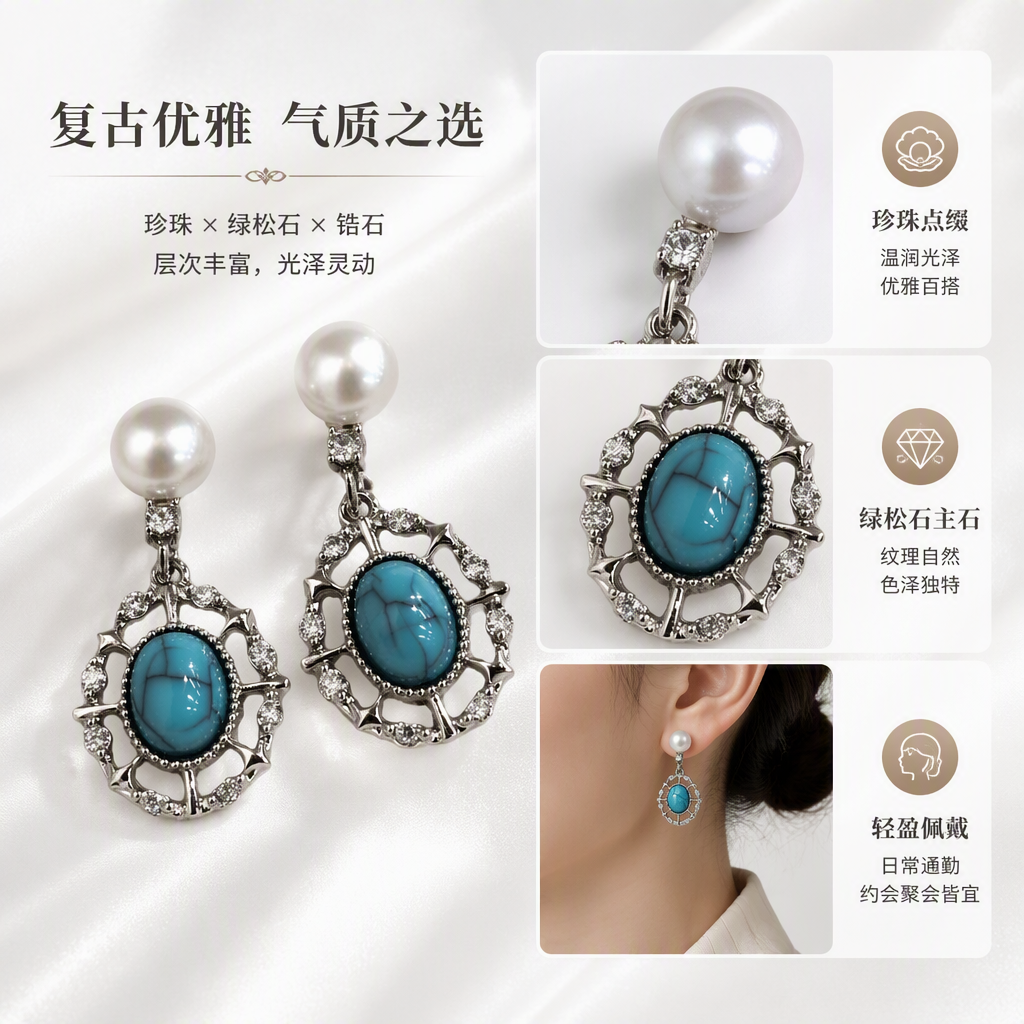 The blue-green gemstone earrings in the white jewelry box are exquisite, fashionable and elegant earrings as a gift for your girlfriend