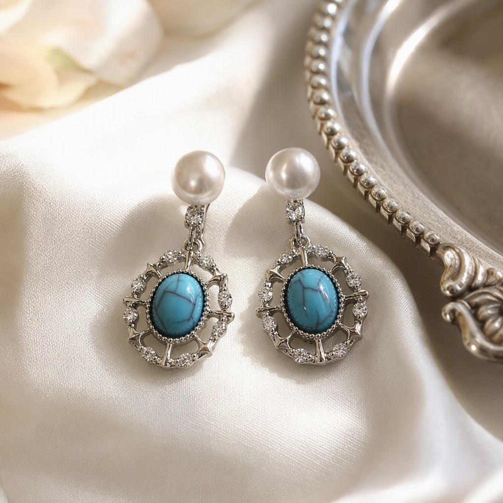 The blue-green gemstone earrings in the white jewelry box are exquisite, fashionable and elegant earrings as a gift for your girlfriend details Picture