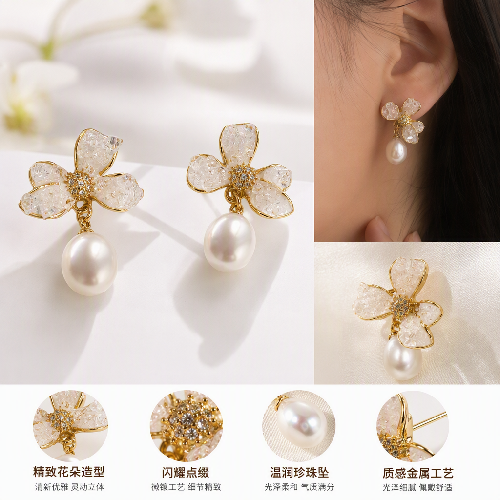 The flower-designed pearl earrings in the white jewelry box are elegant, fashionable and versatile accessories