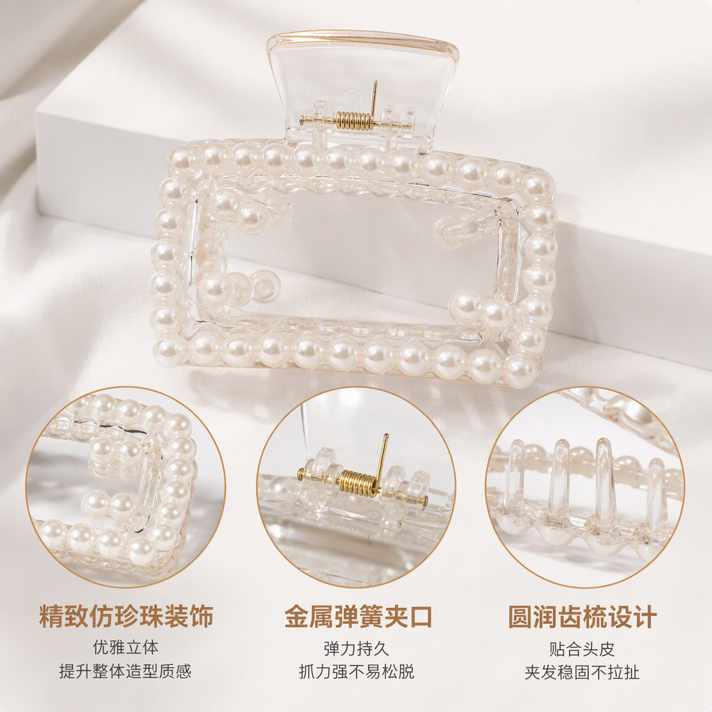 Fashionable transparent pearl frame hair clip, simple and elegant hair accessory, hairstyle decoration, hair accessory, hair clip clip