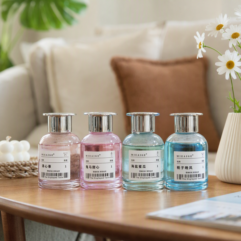 Cuatro botellas de color aromaterapia líquido aromático de larga duración fragancia interior aceite esencial aromaterapia artículos de aromaterapia para el hogar aroma suave details Picture