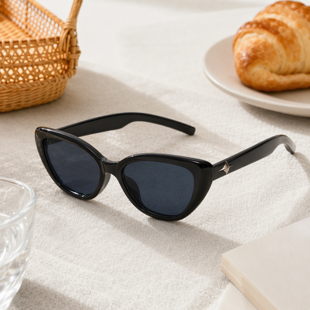 Fashionable black cat-eye sunglasses, UV protection polarizing glasses, trendy and versatile sunglasses for women, women's style details Picture