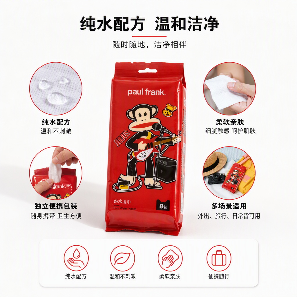 Red packaging bag contains pure water wet wipes, soft and hydrating, portable travel wet wipes, wet paper towels, and cleaning wet wipes