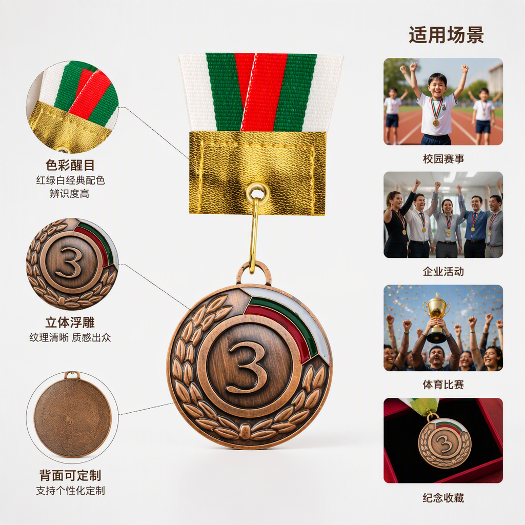 铜色奖牌带数字3绿白红装饰悬挂金色绶带运动比赛奖品纪念品