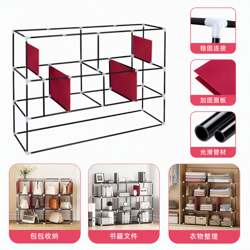 黑色框架结构配红色隔板多功能展示架耐用稳固办公收纳架设计简约