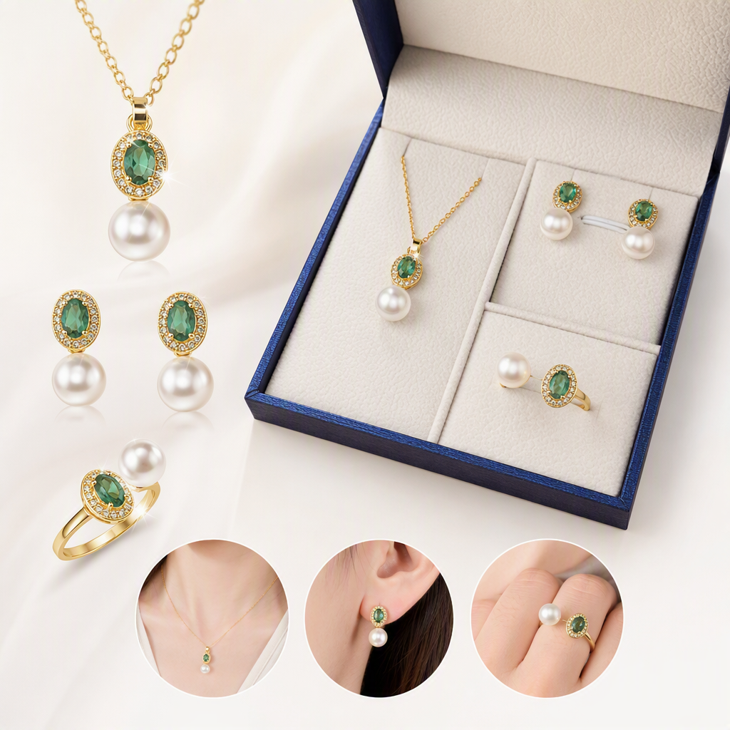 Golden pearl and emerald jewelry set, a fashionable and elegant ladies' accessory gift box, a classic gift