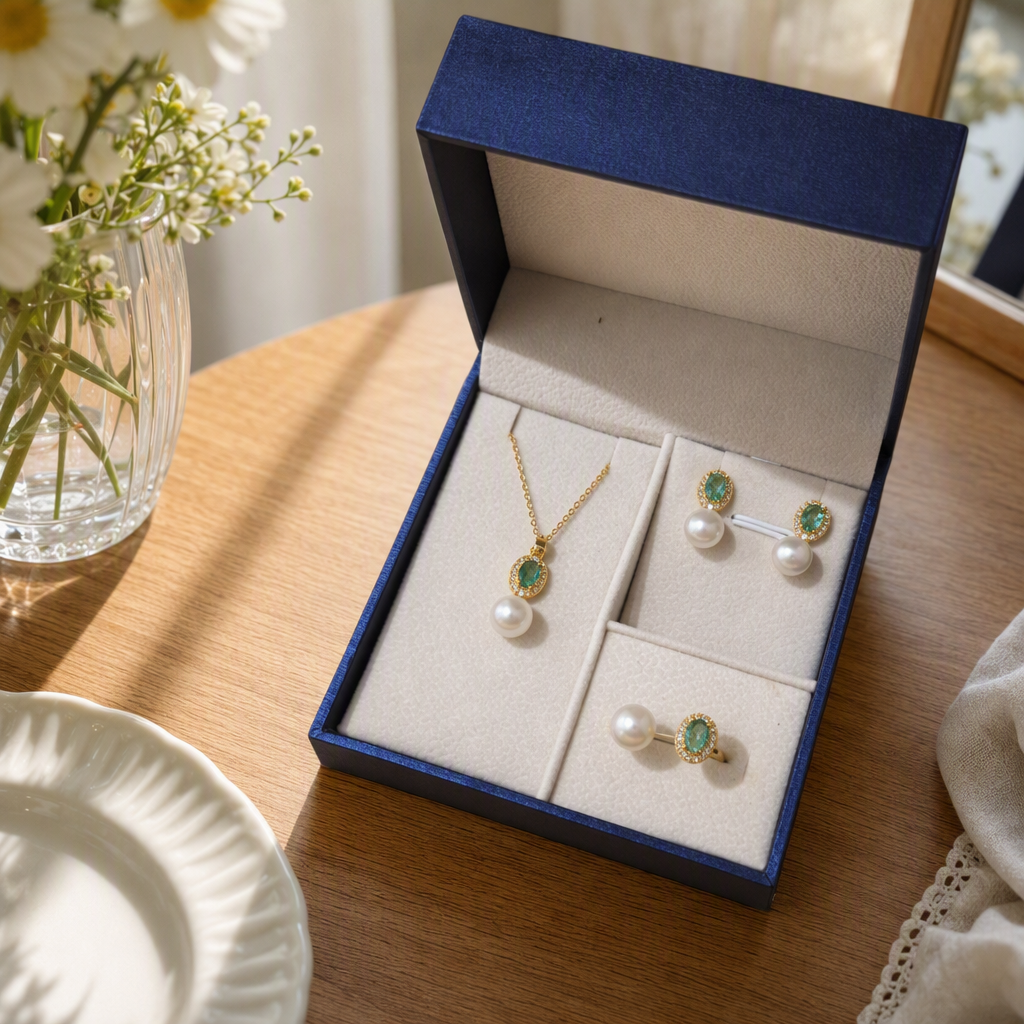 Golden pearl and emerald jewelry set, a fashionable and elegant ladies' accessory gift box, a classic gift details Picture
