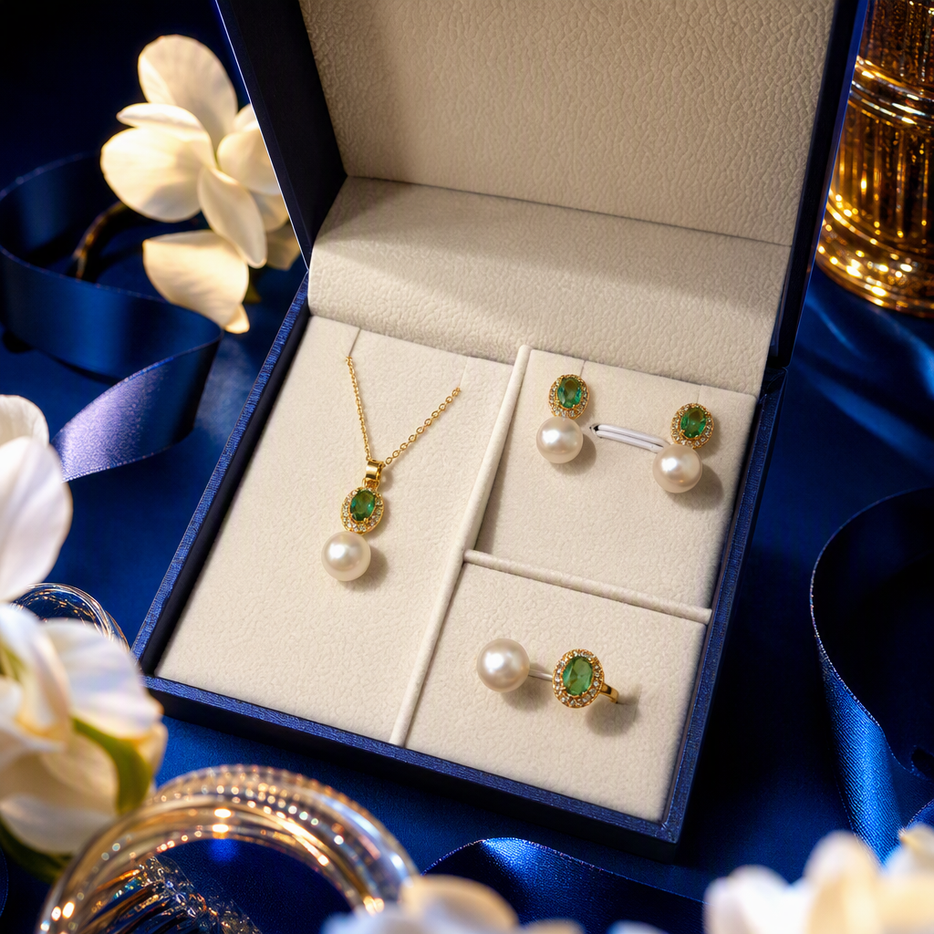 Golden pearl and emerald jewelry set, a fashionable and elegant ladies' accessory gift box, a classic gift Specification image