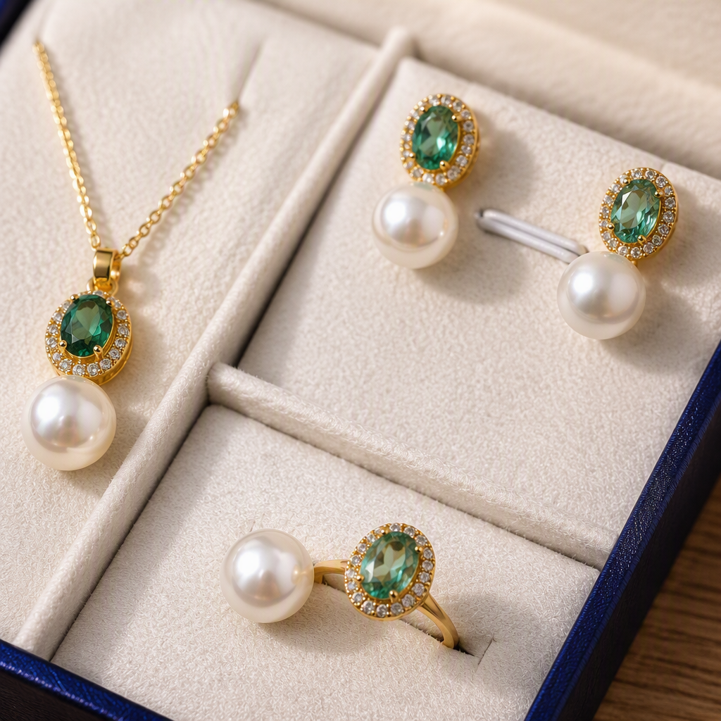 Golden pearl and emerald jewelry set, a fashionable and elegant ladies' accessory gift box, a classic gift Application Scenario