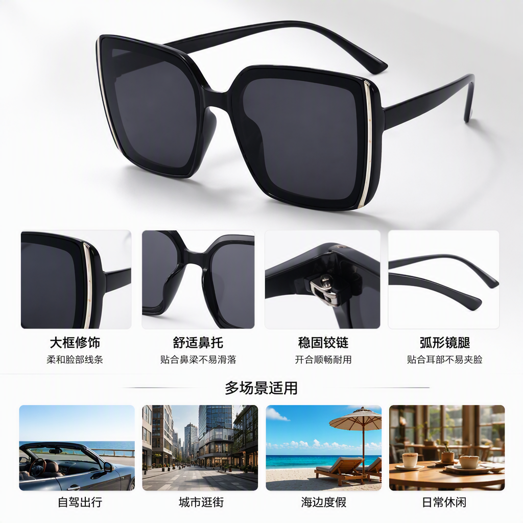 Fashionable square polarized sunglasses for both men and women, UV-resistant black polarized frame, elegant and simple