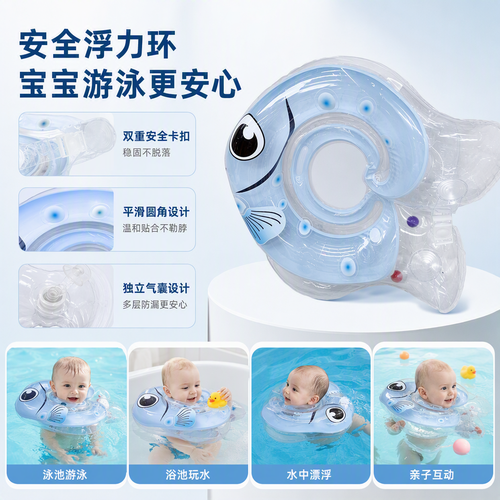 Colorful fish-shaped children's swimming neck rings, anti-air leakage safety float rings, baby water play products, children's swimming accessories