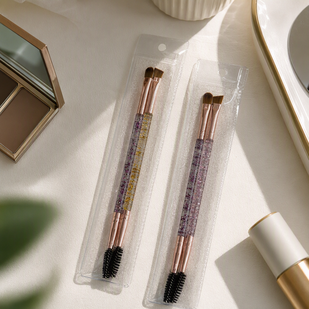 Clear pack doble set doble cabezal maquillaje cepillo brillo rosa decoración oro rosa mango de metal color marrón pelo inferior cepillo de cejas details Picture