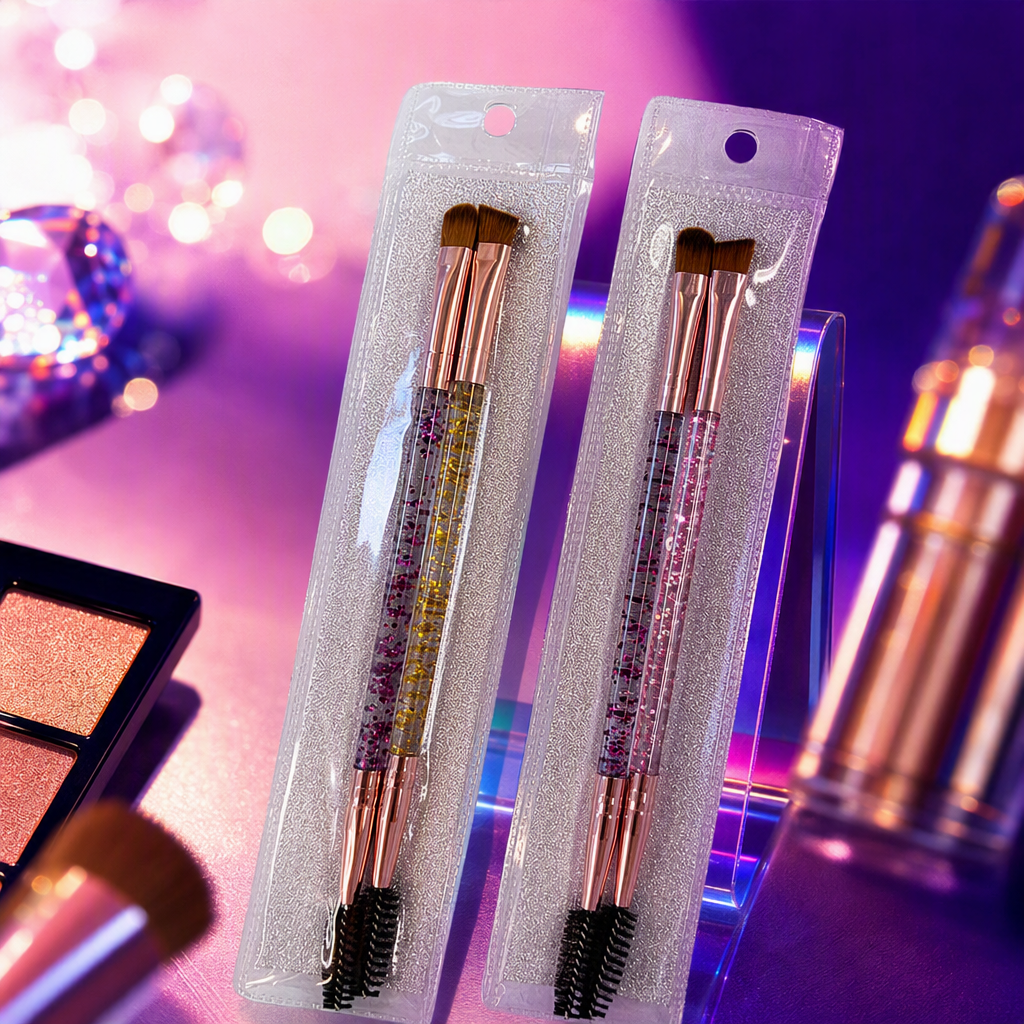 Clear pack doble set doble cabezal maquillaje cepillo brillo rosa decoración oro rosa mango de metal color marrón pelo inferior cepillo de cejas Specification image