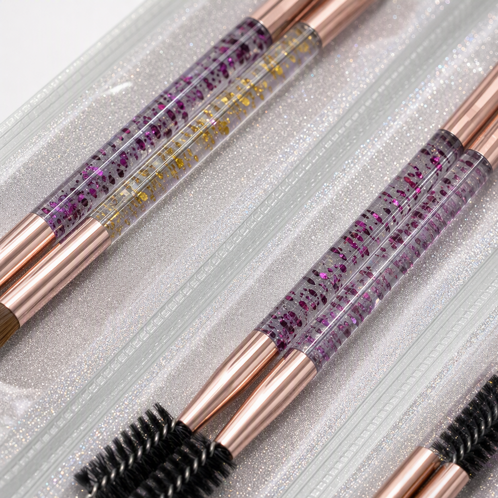 Clear pack doble set doble cabezal maquillaje cepillo brillo rosa decoración oro rosa mango de metal color marrón pelo inferior cepillo de cejas Application Scenario