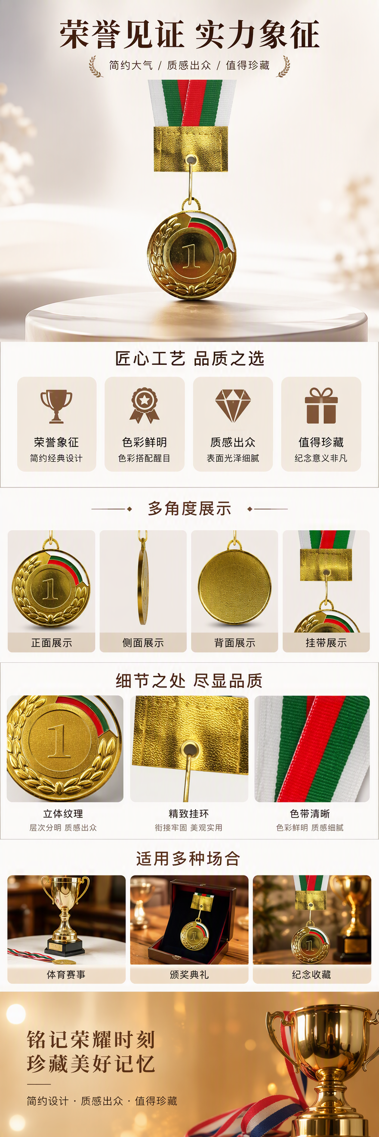 金色奖牌中央数字一环绕橄榄枝纹饰边缘绿白红三色条纹悬挂丝带金色卡扣装饰详情1