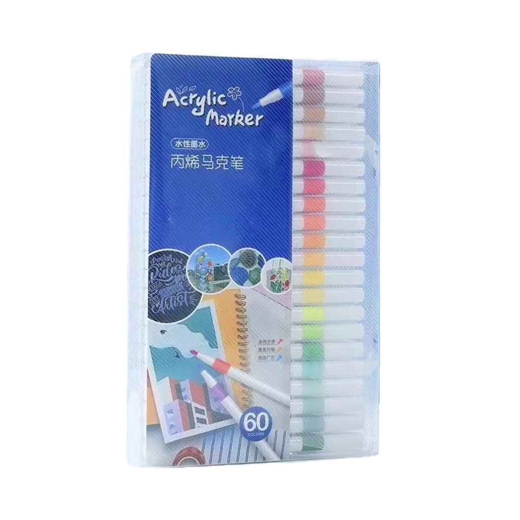 60-color water-based Acrylic Marker pen set, white pen body, colored pen cap, transparent plastic box, Acrylic marker color card display Item Picture