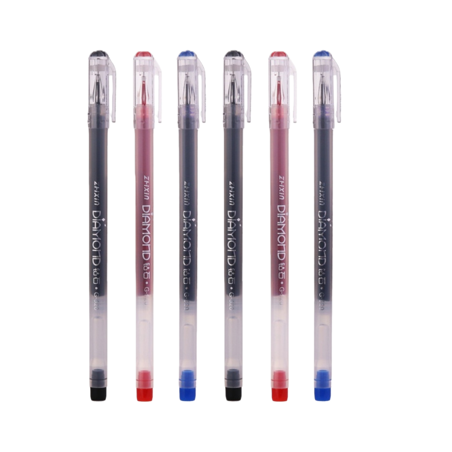 A set of five multi-color transparent gel pens. The pen caps are black, red, blue, black and blue, printed with the brand name. Smooth writing. Office supplies Item Picture