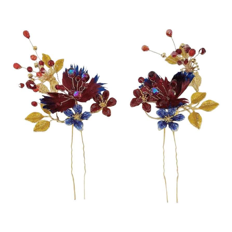 Golden hairpins, red and blue floral decorations, elegant hair accessories, Hanfu hairpins and hair accessories Item Picture